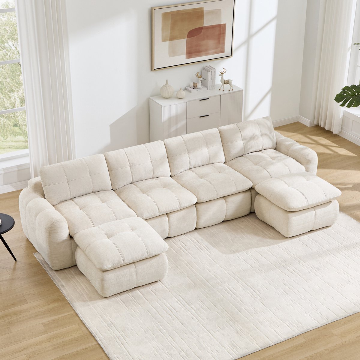 Moderne Hoekbank, U-Bank, 4-Zits bank, Modulaire U-Bank Voor 4 Personen, Frameloos, Met Ruitvormig Doorgestikt Patroon, Huidvriendelijke Chenille Bekleding, Brede Diepe Zitplaatsen, Vrij Combineerbaar, Montagevrij,Beige