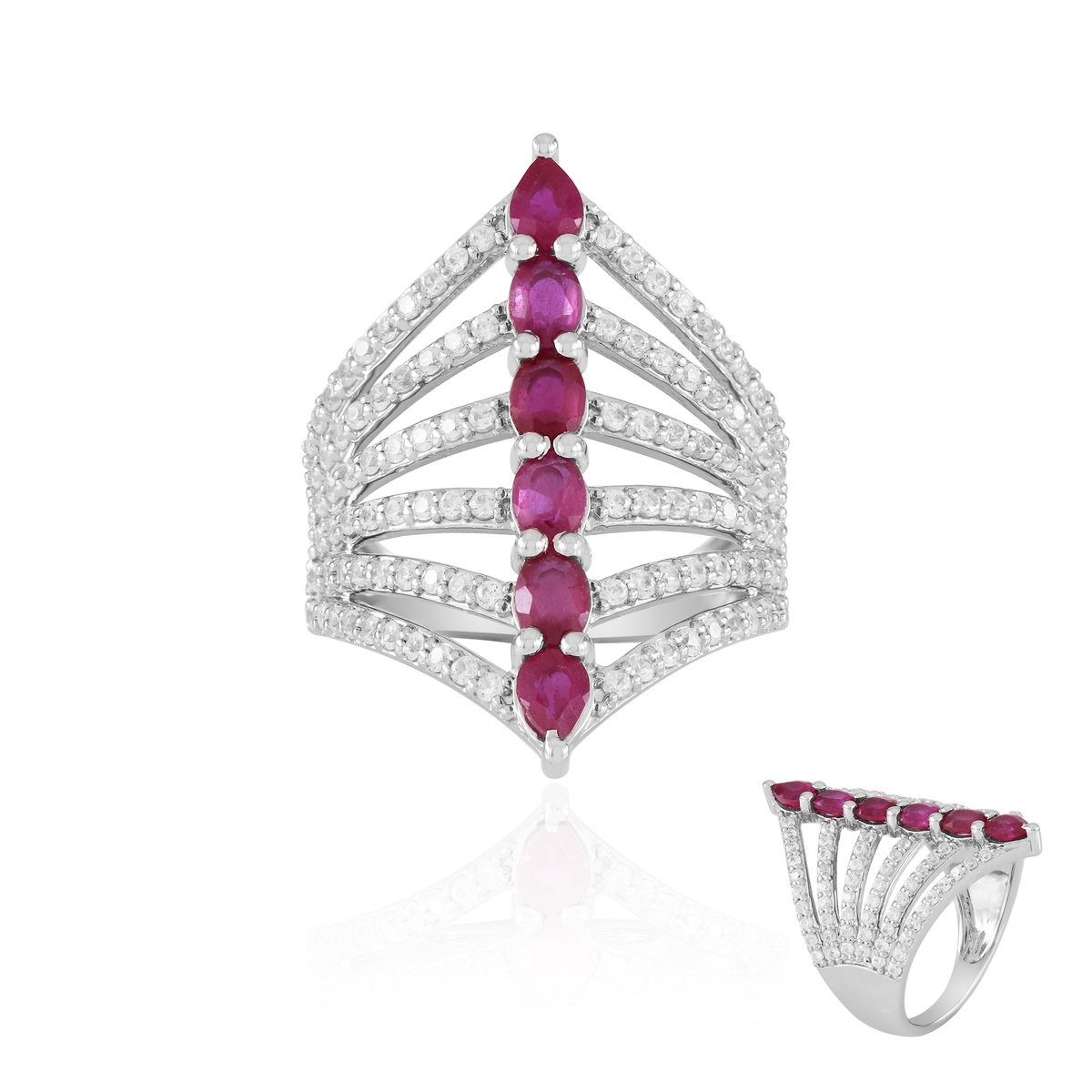 Cavill - Zilveren ring met platina coating - Madagaskar robijn 1,33 ct en zirkonia 1,13 ct - Moderne dames ring - Ovaal & peervormige robijn