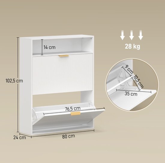 COVREO Schoenenkast 80x24x102,5 cm wit, van hout met 2 klapvakken — afbeelding 4