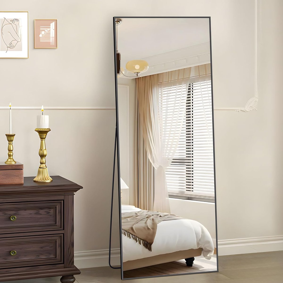 SnelShoppen - Grote Zwarte Volledige Spiegel 165 x 60 cm Vrijstaand Metalen Frame Rechthoekig Leunend Tegen Wand Vloerspiegel Voor Woonkamer Dressing