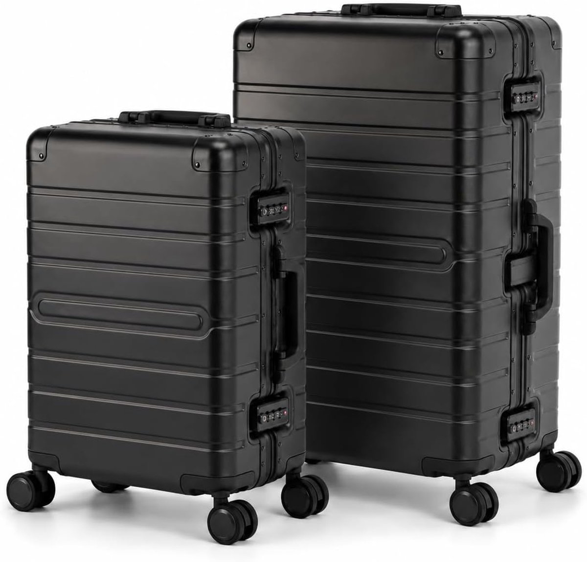 SnelShoppen - Travelhouse Oslo Alu Reis Koffer Set, T6005, Lichtgewicht Aluminium Trolleys, 2 Stuks, Obsidiaanzwart, Voor Vakantie en Zakenreizen
