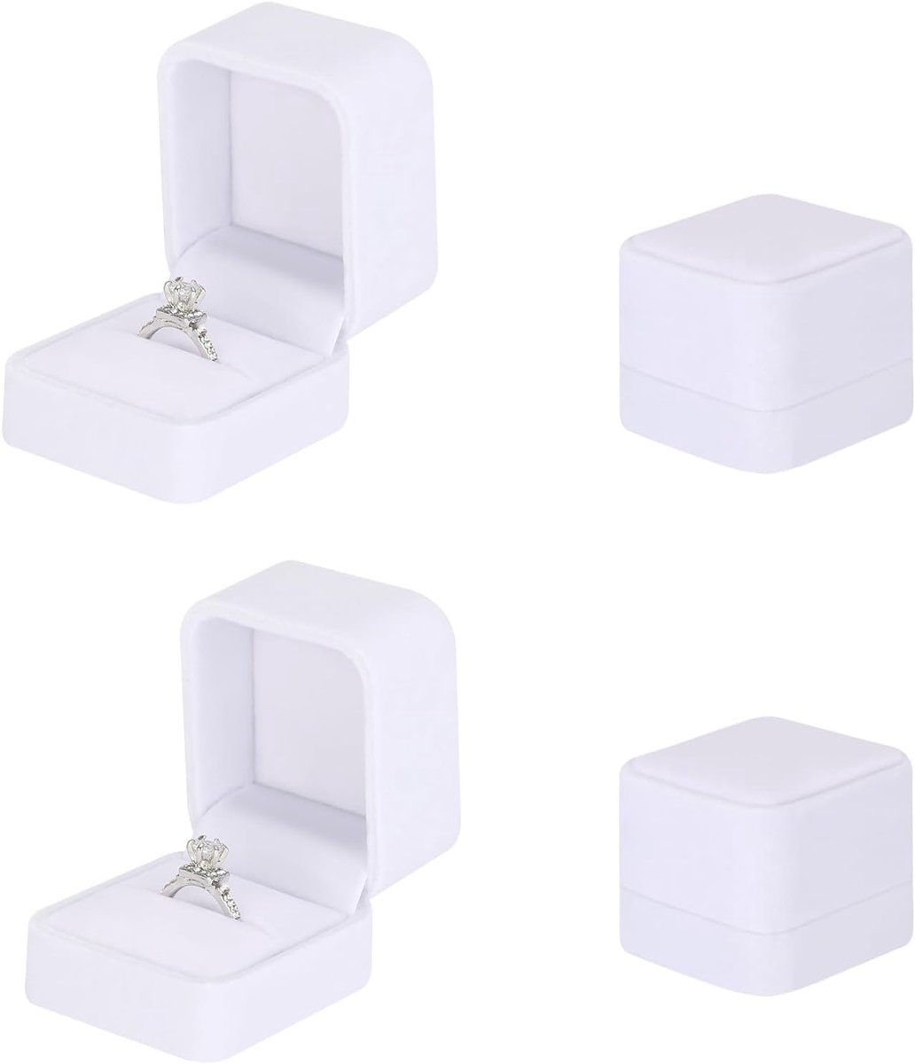SnelShoppen - 2 Stuks Flanel Ringdoos Vierkant Velours Verlovingsringdoos Oorbellen Doosje Voor Verlovingsringen Bruiloft Voorstel (Wit)
