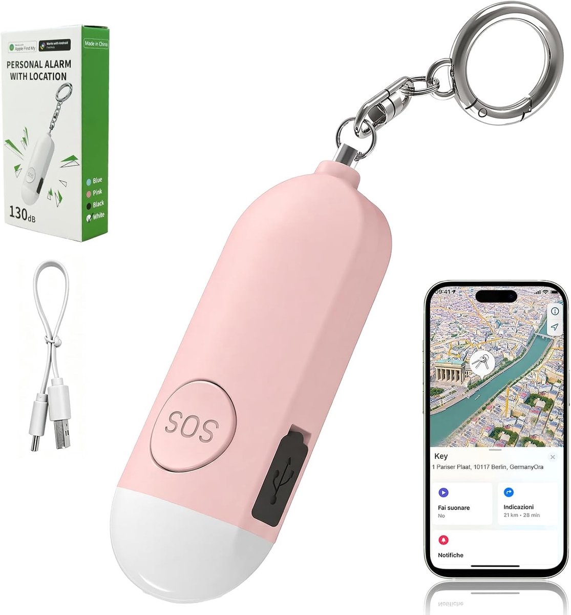 Zakalarm met 130 dB sleutelzoeker en oplaadbare sirene, persoonlijk veiligheidsalarm met LED-lamp voor kinderen en volwassenen, roze paniekalarm