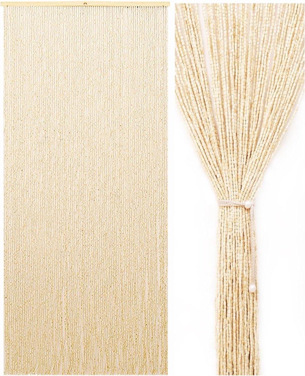 Beige Retro Houten Parelen Gordijn 90 x 200 cm, Handgemaakt Deurgordijn voor Insectenbescherming en Vliegenbescherming met 90 Strengen