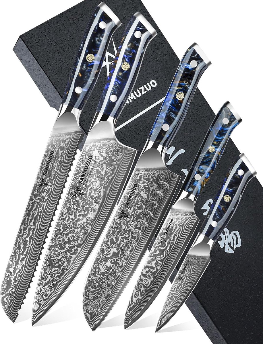 SnelShoppen - Professionele Koksmes Set 5 Delig, Damast Kookmessen, Universeel Mes, Broodmes, 67 Laags Japanse Damaststaal VG10 met Houten Handvat - X