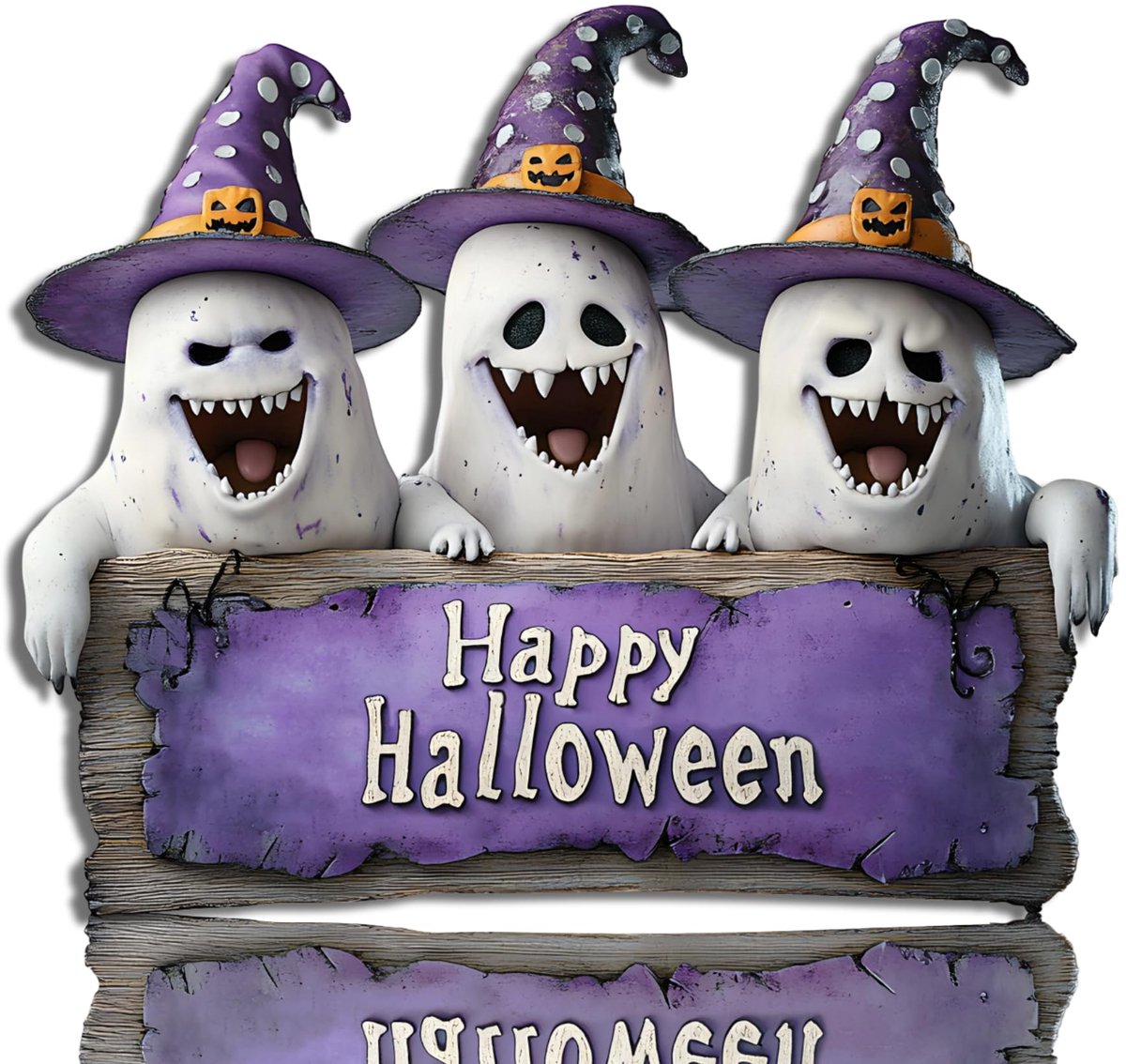 Halloween Decoratie - Halloween Deurdecoratie - 25x30cm - Houten Deurbord met 3 Geesten - Happy Halloween Wanddecoratie Paars voor Voordeur Muur Tuin en Feest Decoratie