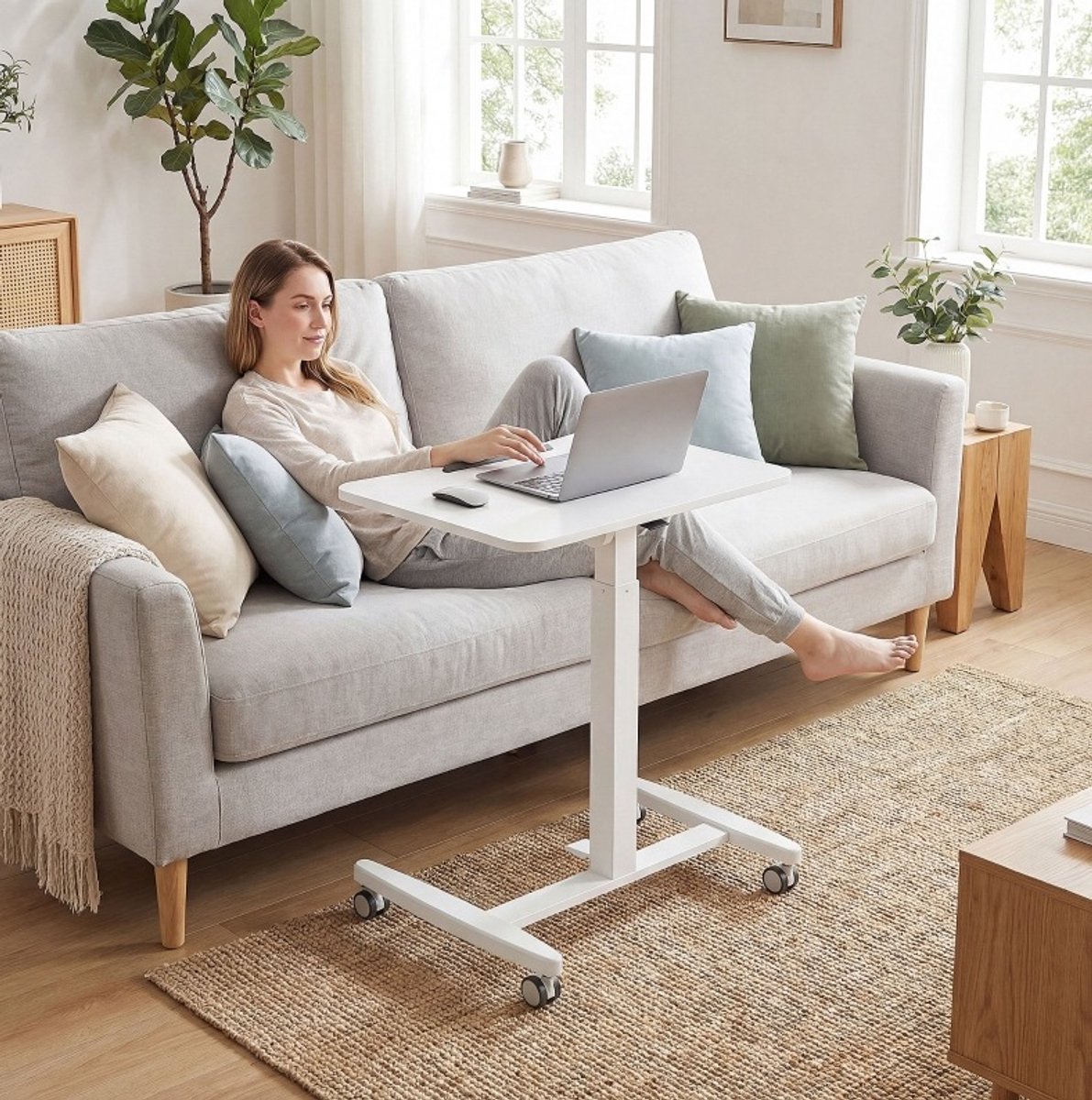 REDOM - Bureau - Hoogteverstelbaar met pneumatische hefboom - Kantelbaar tafelblad met veiligheidsstopper - Met wielen - Wit - 60,5 x 52 x 75-114 cm