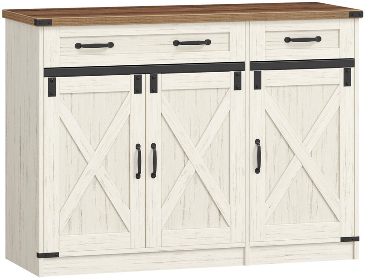 Hzuaneri Dressoir, Buffetkast Met 2 Lades, Keukenkast Met 3 Deuren, Verstelbare Legplanken, Landelijke Stijl, Voor Keuken Of Woonkamer, 39 x 108 x 80 cm, Vintage Wit & Honingbruin