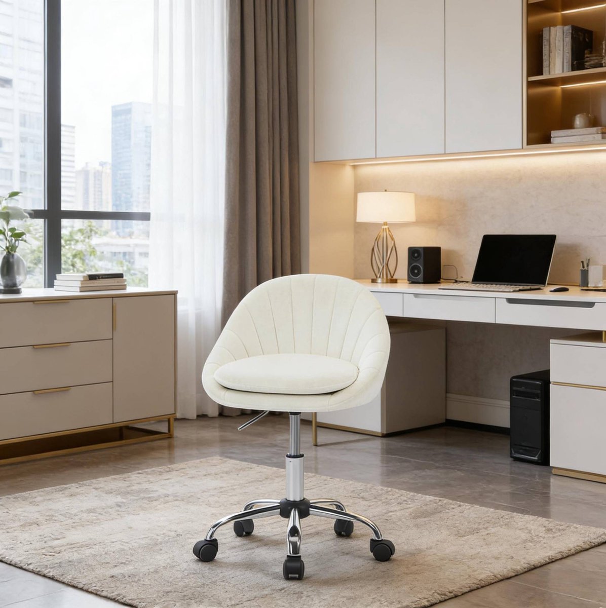 REDOM - Bureaustoel met wielen - In hoogte verstelbaar en 360° draaibaar - Zonder armleuningen - Metalen voet - Voor volwassenen - Fluweel - Beige - 52 x 72-82 x 52 cm