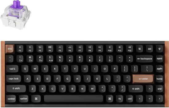 Keychron K2 HE Special Edition toetsenbord met houten frame, zwart met paarse 'nebula' schakelaar.