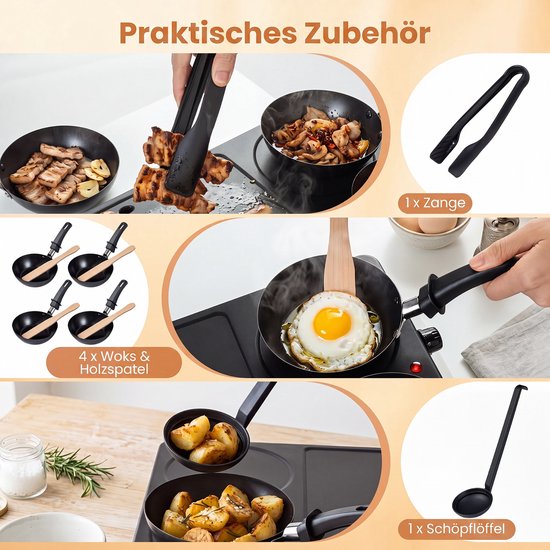 COSTWAY Elektrische Plancha met 4 Mini Woks Antiaanbaklaag Raclette-apparaat | Grilltang, Lepel, Houten Spatels en Vetopvangbak, Elektrische Tafelgrill Binnen en Buiten — afbeelding 3
