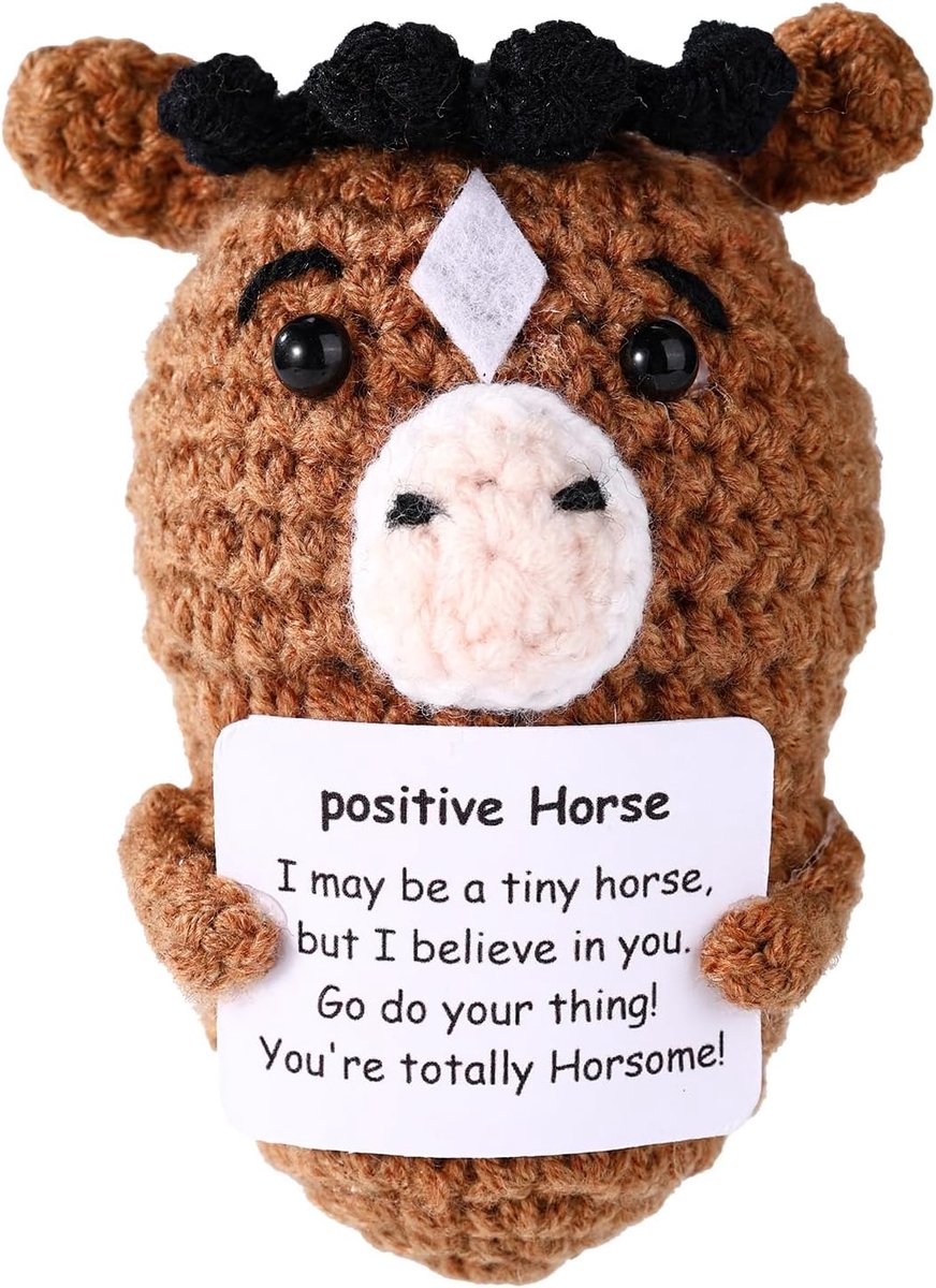 Gehaakt Paard, 8,5 cm Hoog Mini-Aanmoedigingspaard met Inspirerende Kaart Schattig Koe-Cadeau Bureaudecoratie voor Thuiskantoorcollega's en Vrienden