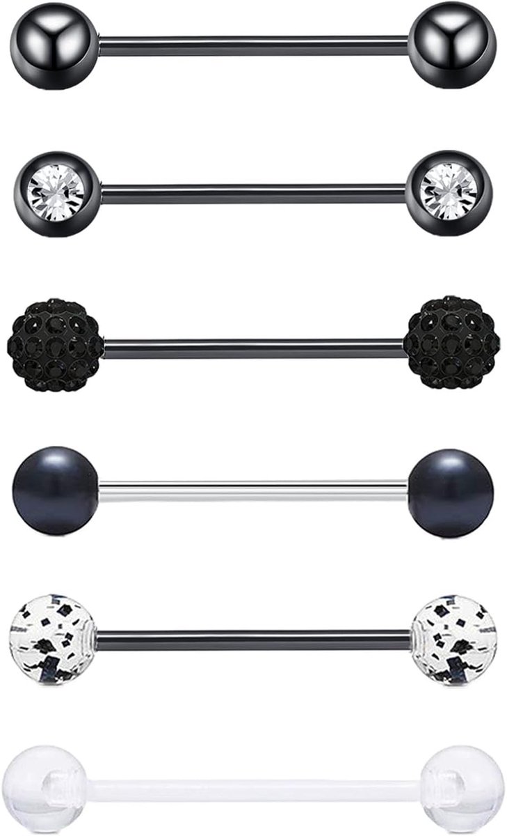 Tongpiercing van chirurgisch staal, 16 mm, staaflengte, 14 G, verschillende balletjes, zilver, zwart, goud, 6 stuks