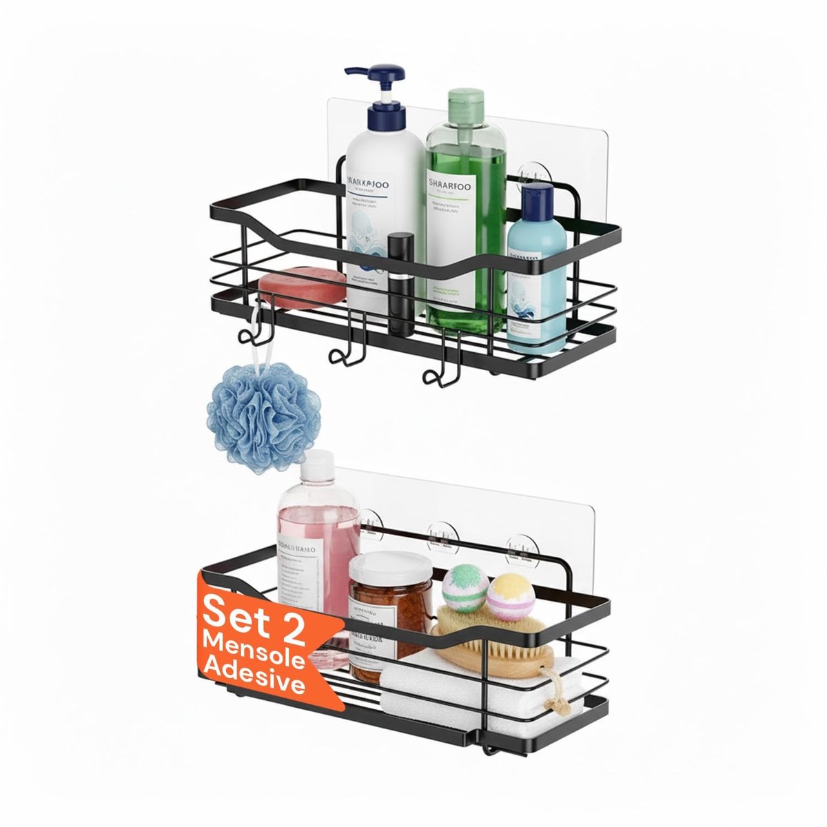 Omgoods - Set van 2 Zwart Verchroomde Stalen Planken met Haken voor Badkamer en Keuken