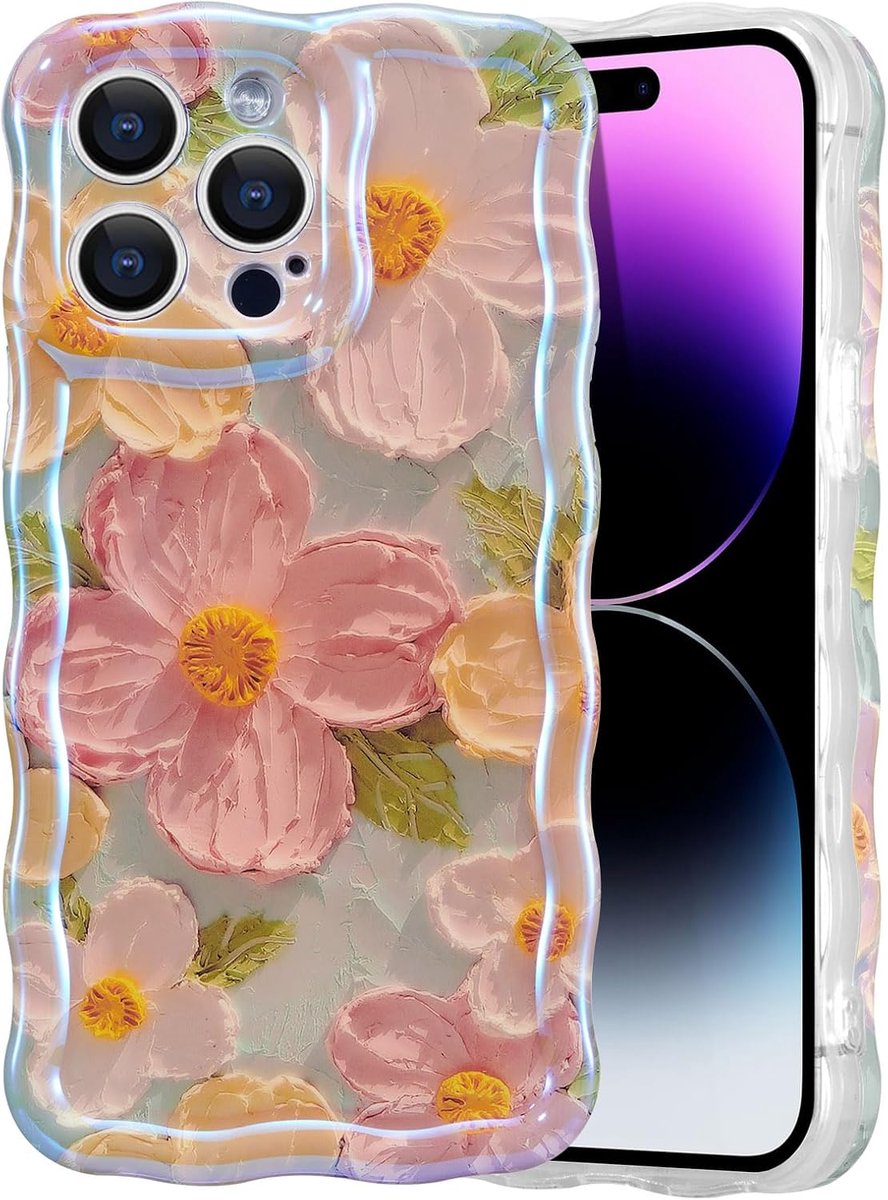 Hoes voor iPhone 16 Pro Max, kleurrijk retro olieschilderij met bedrukt bloemenlaser glanzend patroon, schattige krullende golfrand, prachtige telefoonhoes, stijlvolle duurzame