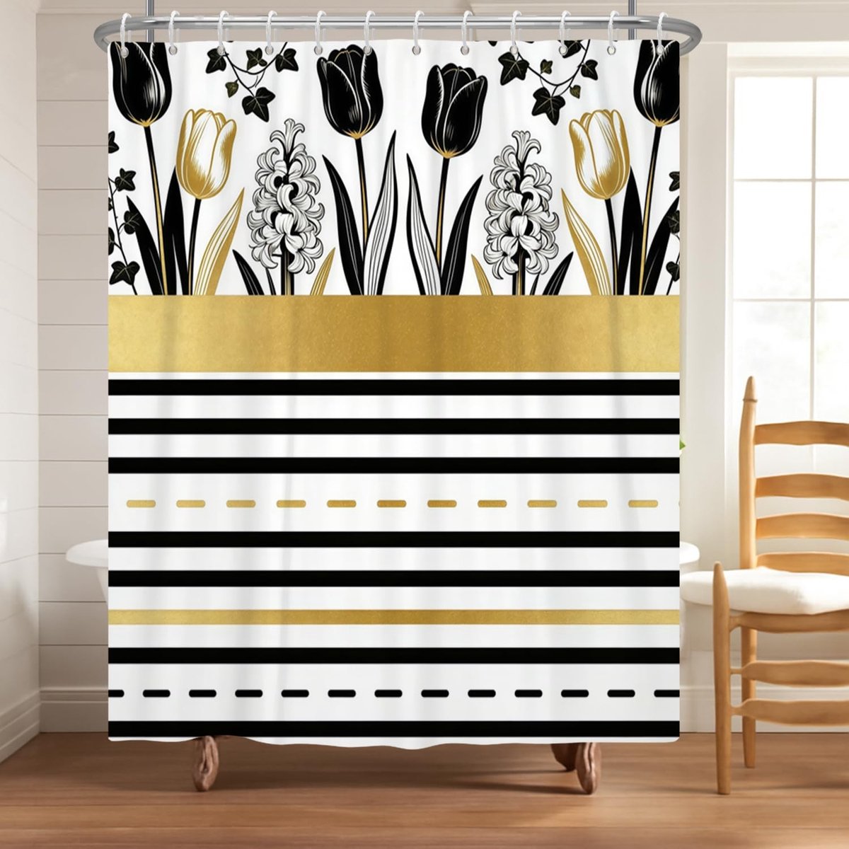 Omgoods - Douchegordijn met Bloemenpatroon en Gouden Tulpen 180 x 200 cm