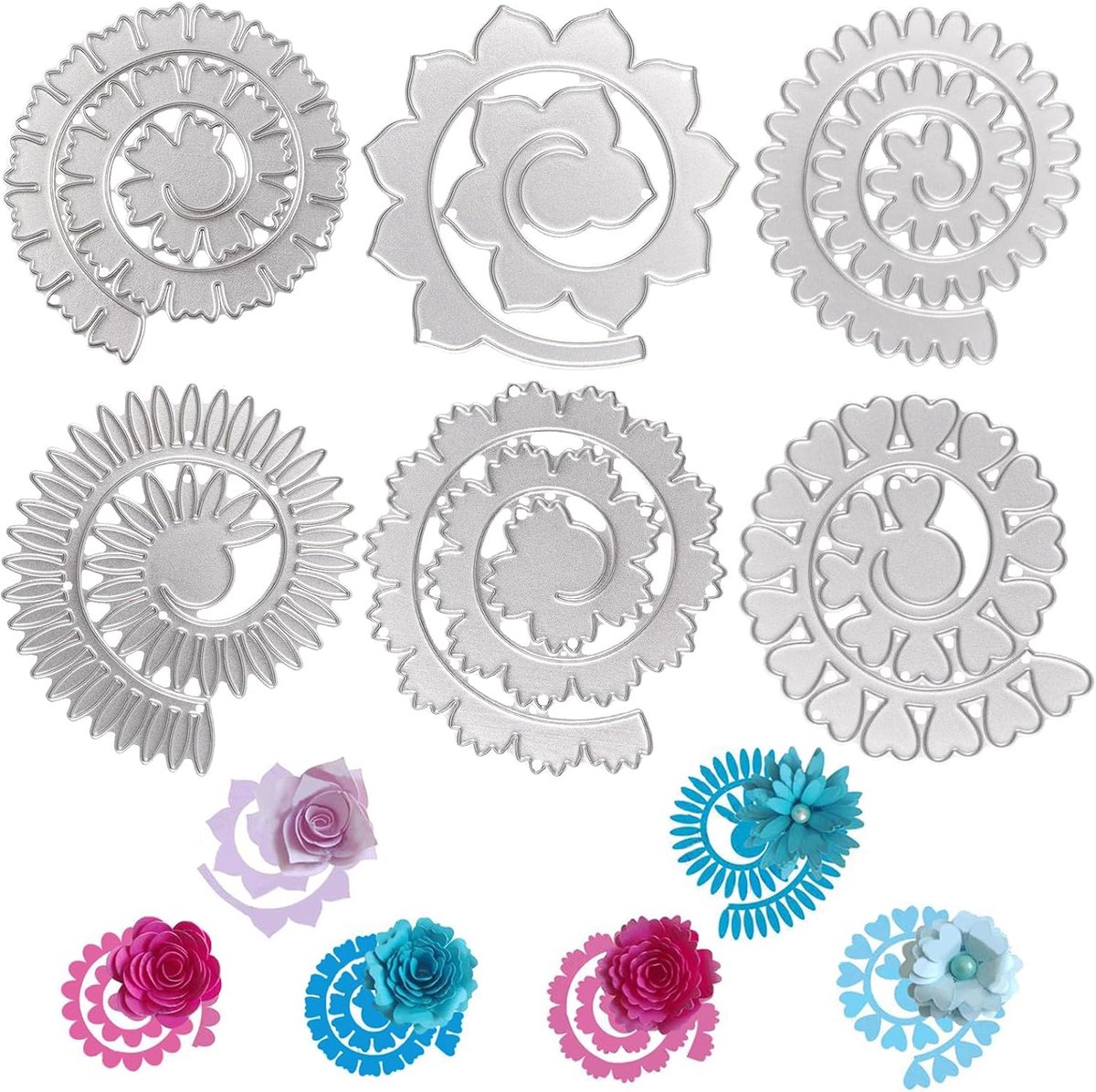 3D Bloem Metalen Snijmatrijzen voor Kaarten Maken, 6 STUKS Embossing Sjabloon Bloemen Spiraal Metalen Snijmatrijzen voor Scrapbooking Papierambachten Kaarten Maken Album Stempel DIY Decor