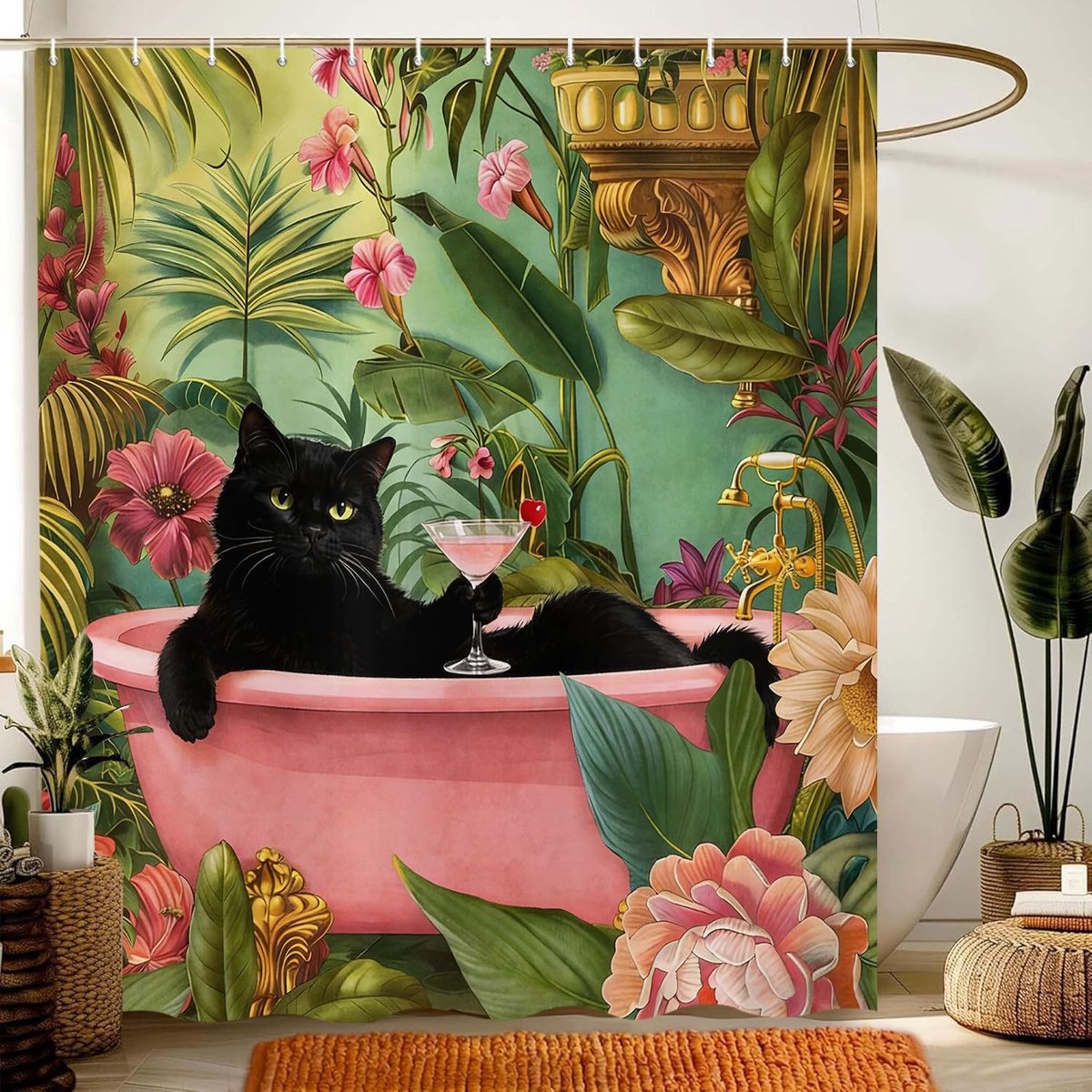 Omgoods - Grappig Douchegordijn met Katten en Bloemen 180 x 200 cm
