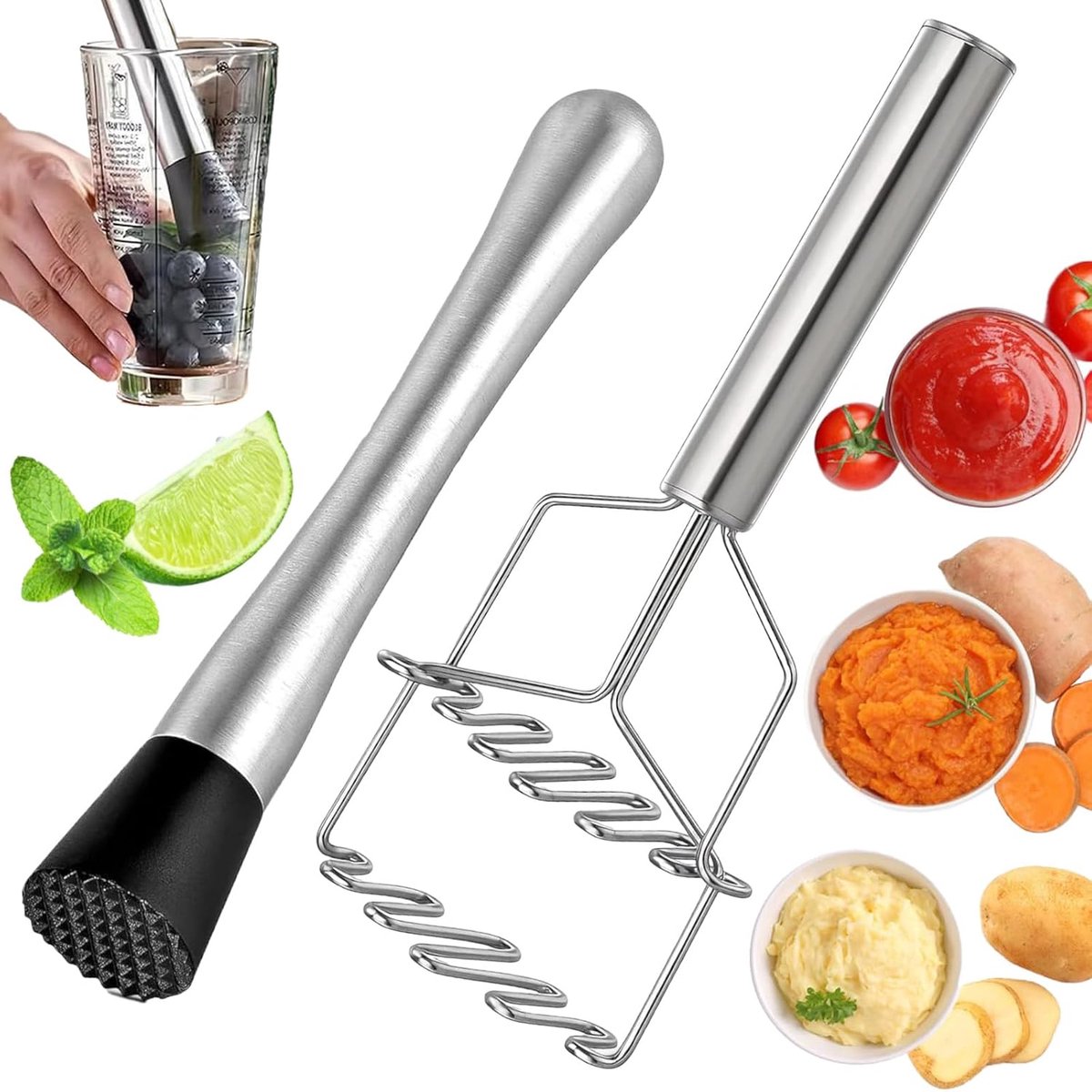 2 stuks aardappelstamper, roestvrij staal, stamper, keuken, aardappelstamper, aardappelpers voor aardappelpuree, groenten, fruit, cocktail, jam en meer