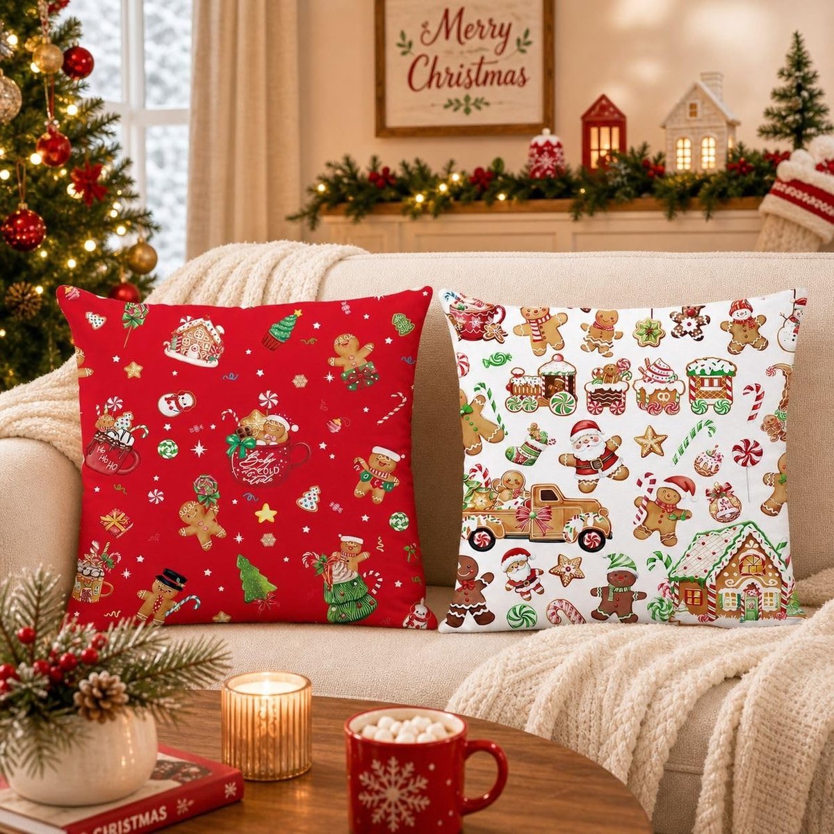 Omgoods - Set van 2 Kerst Peperkoek Man Kussenslopen 45x45cm - Schattige Decoratie voor de Feestdagen