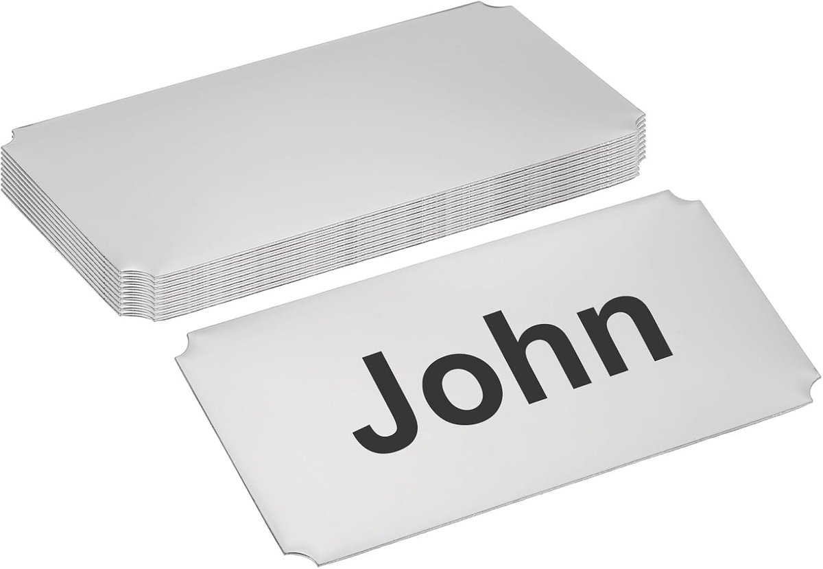 10 x 5 cm roestvrijstalen lasergegraveerde metalen naamplaatje, 10 stuks zelfklevend bord gepersonaliseerde aangepaste blanco plaat voor doe-het-zelf laserprinten, ingekerfde hoek zilver