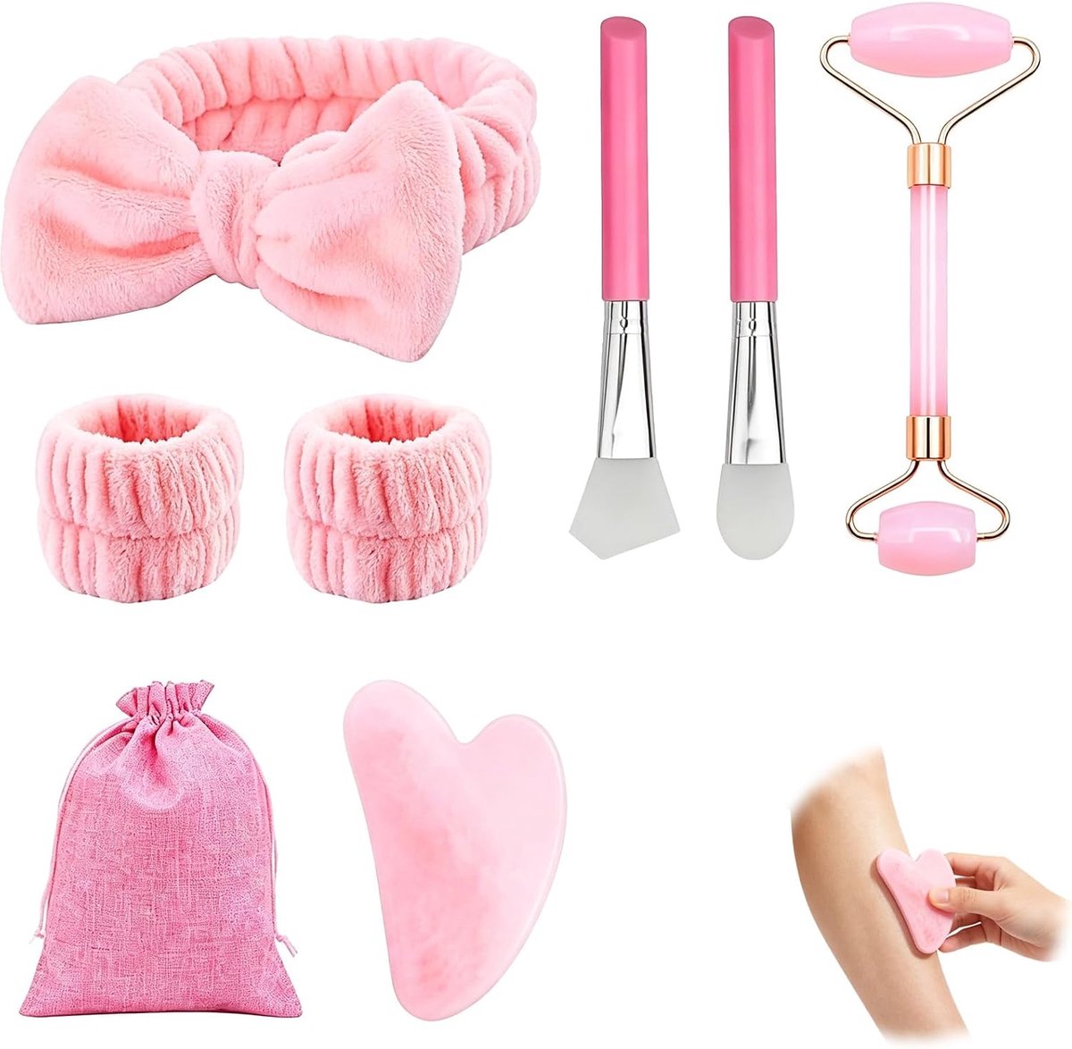 Sha steen set 7-in-1 gezichtsmassage set jade roller gezicht en lichaam massage tools met gezichtsbeschermers, hoofdband en polsbanden huidverzorging ontspanning en massage routine