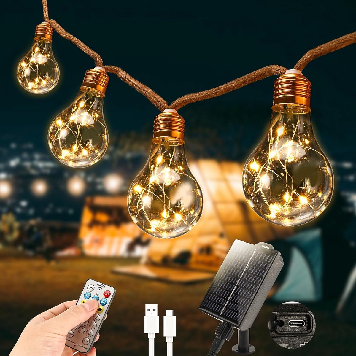 Lichtsnoer op zonne-energie, voor buiten, met 16 gloeilampen, 8 m lichtketting, weerbestendig, IP65, vintage lichtketting op zonne-energie met henneptouw, outdoor decoratie voor tuin, feest