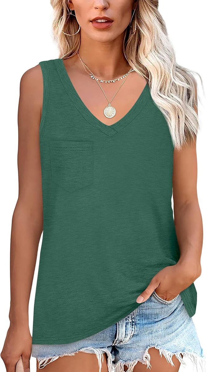 Mouwloos shirt dames basic zomer elastische tanktop met V-hals casual shirt met zak losse top comfortabele onderhemden