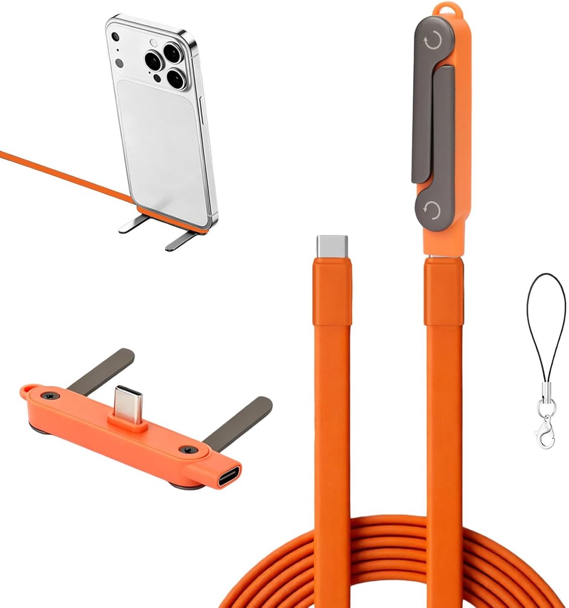 snellader, 240 W, met geïntegreerde onzichtbare telefoonhouder, platte oplader, USB C, gevlochten, 1,5 m, oranje, voor Samsung, smartphones en tablets