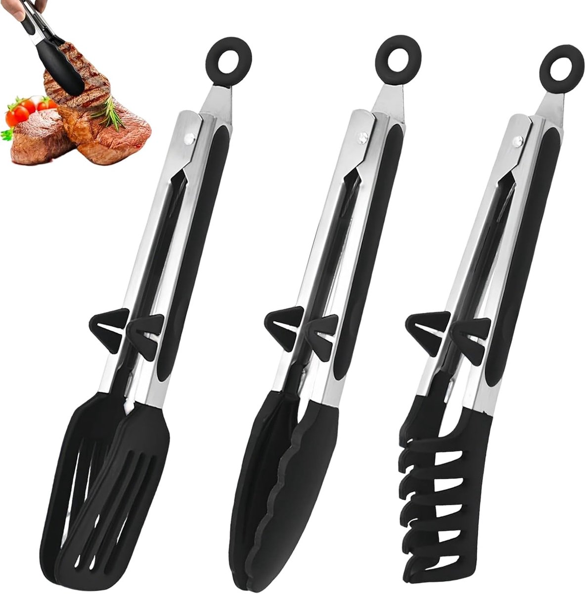 3 stuks keukentang, vergrendelbare metalen tang, grilltang met roestvrij stalen siliconen punt, pastang: robuuste voedseltang, keukenaccessoires voor metaal, voor koken, bakken en grillen