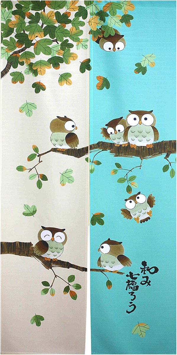 Japanse Noren Lang Gordijn Deur Gordijn Wandtapijt Vliegen Insectengordijn Ruimteverdeler Groen 84 x 150 cm (Uil op Boom)