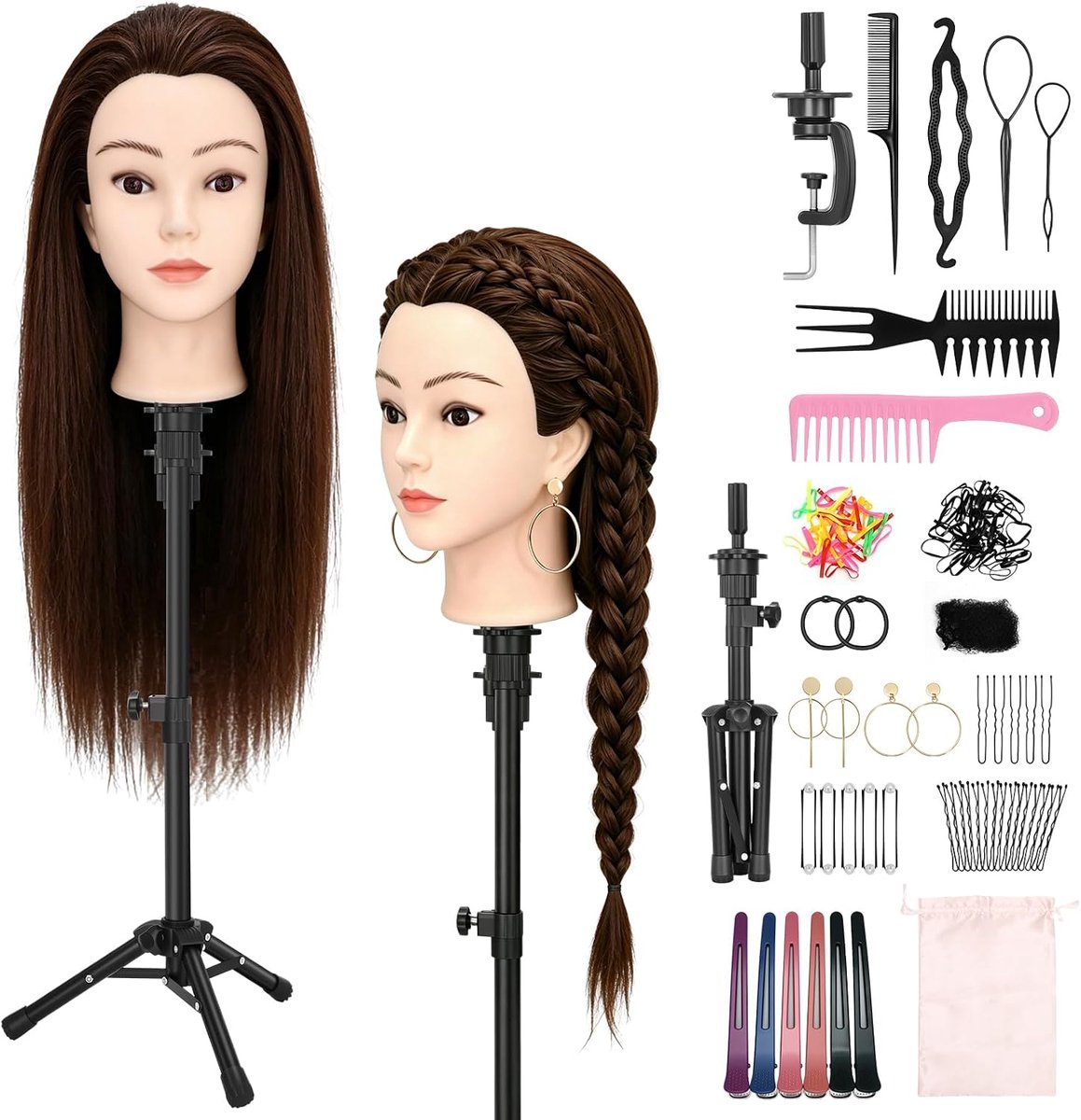 61 cm kappershoofd met oorgaten, 80% echt haar, oefenhoofd met poppenhoofd, standaard, kappershoofd, mannequin hoofd met tafelklem + doe-het-zelf vlechtset (bruin)