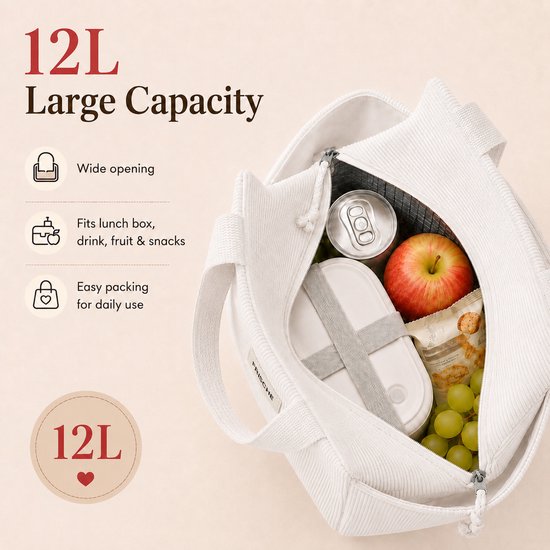 Rainbecom - Koeltassen - Lunchtas Koeltas 12L - Geïsoleerde Lunchbag van Corduroy met 2 Zijvakken - Voor Werk, Picknick, Reizen en Dagelijks Gebruik - 26 x 18,5 x 25 cm - Effen Crème van Rainbecom — afbeelding 5