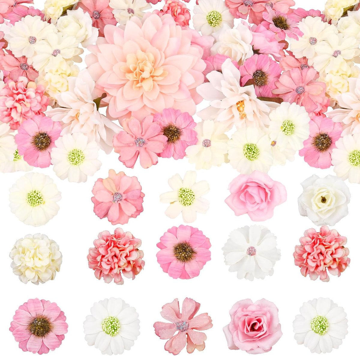50 stuks kunstbloemkoppen voor taartdecoratie, doe-het-zelf zijden bloemen, decoratief bruidsboeket en bloemenwandplaten voor feestjes en bruiloftsdecoratie (roze)