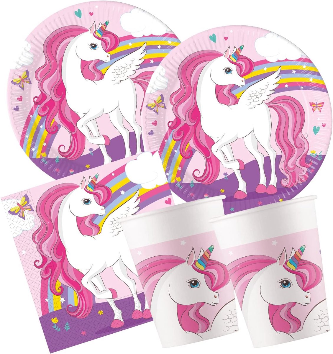 - Partyset S Unicorn Rainbow, 52-delige set, 16 borden, 16 bekers, 20 servetten, wegwerpservies, feestservies, tafeldecoratie