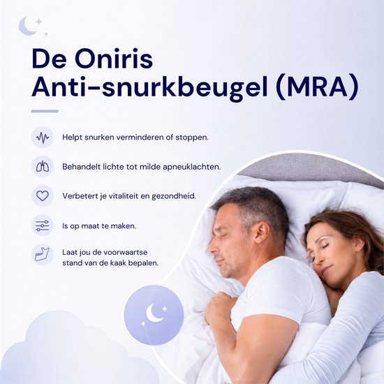 Een man en vrouw slapen in een bed. Tekst over de Oniris anti-snurkbeugel.