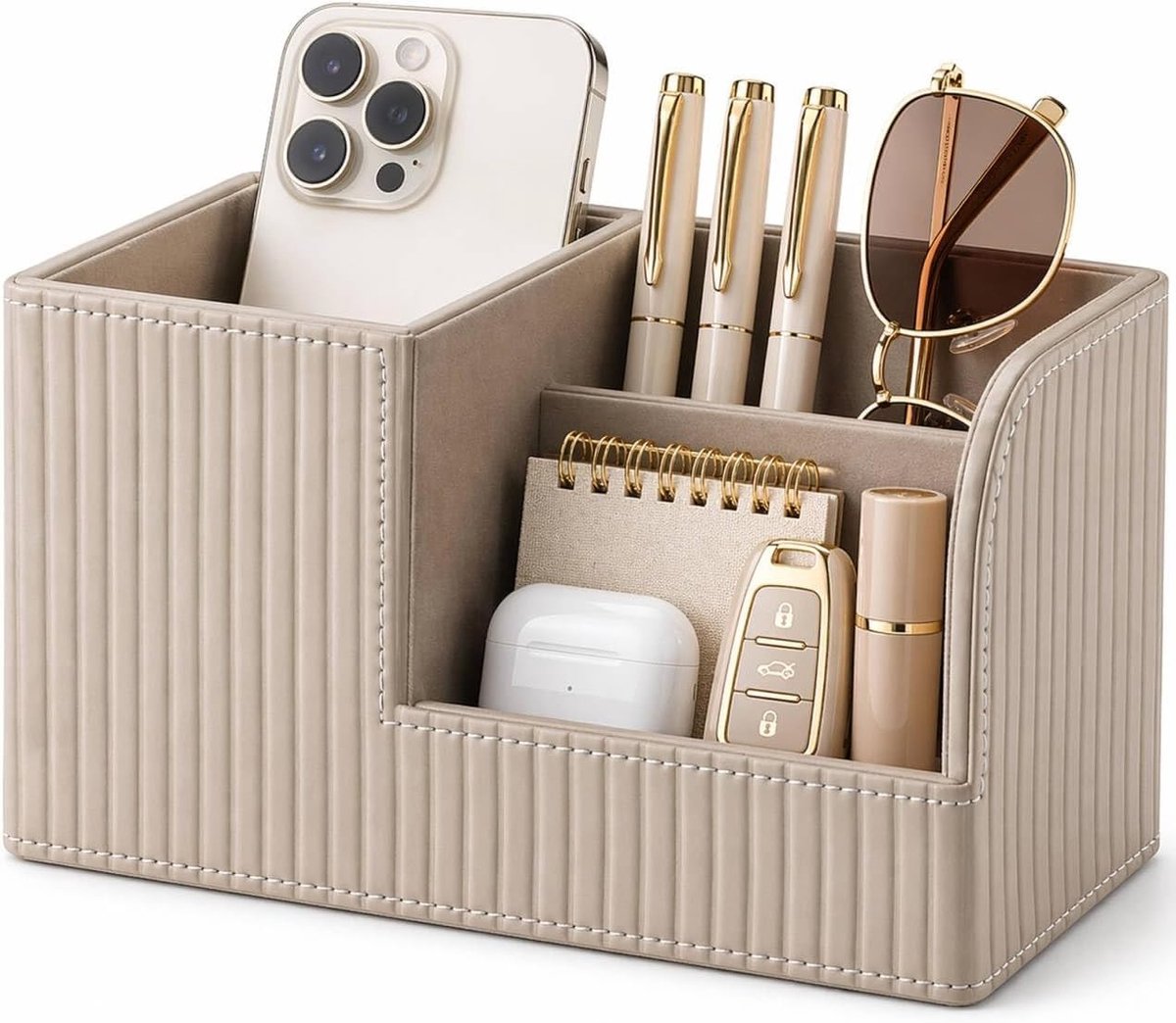 Omgoods - PU Leren Pennen Organizer met 3 Compartimenten - Desk Organizer Beige