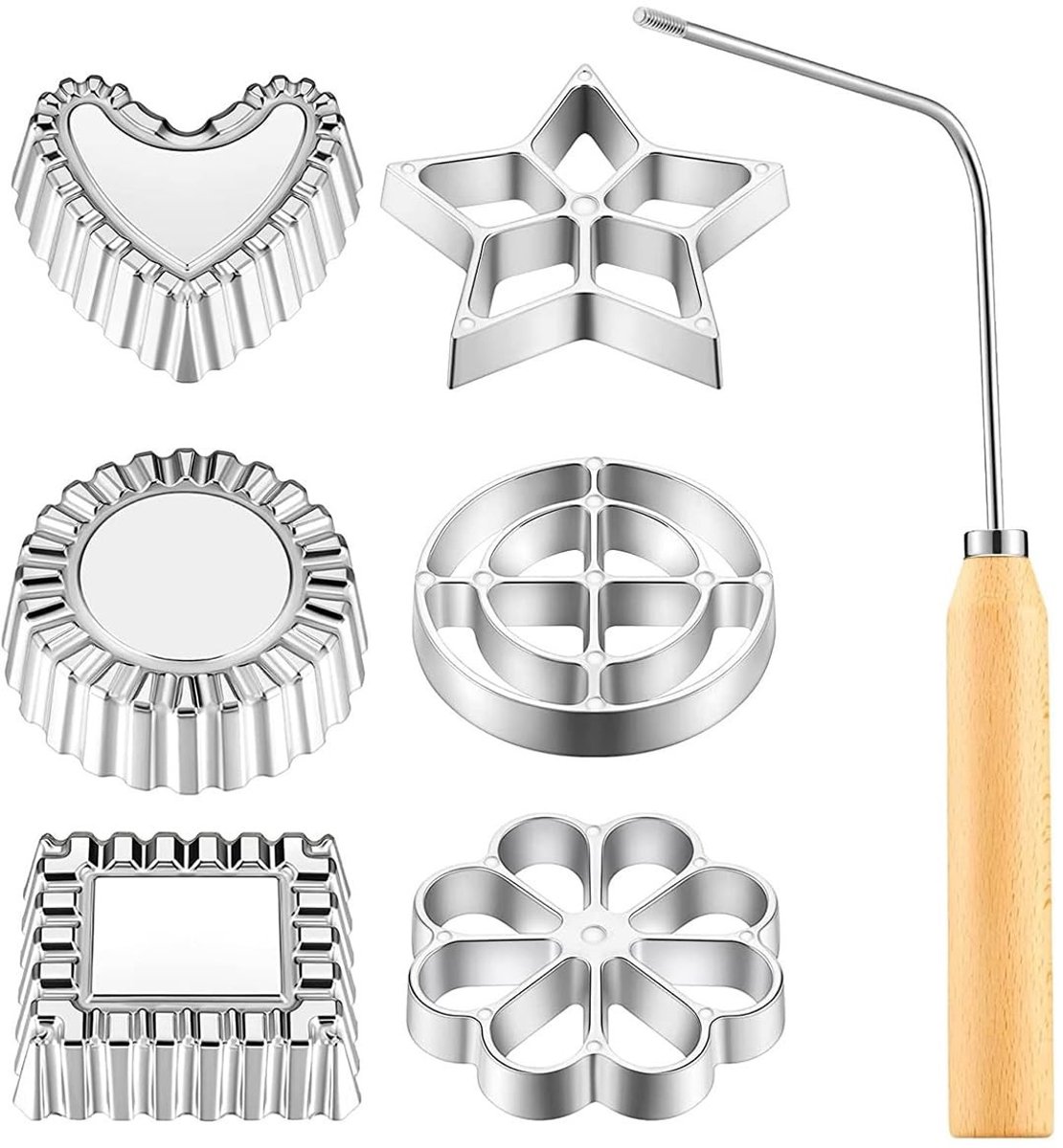 Omgoods - Set van 7 Traditionele Wafel- en Bunuelosvormen met Houten Handvat