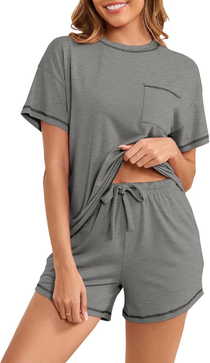 pyjama voor dames, korte katoenen pyjamaset, nachtkleding, korte mouwen, T-shirt en pyjamabroek met zakken