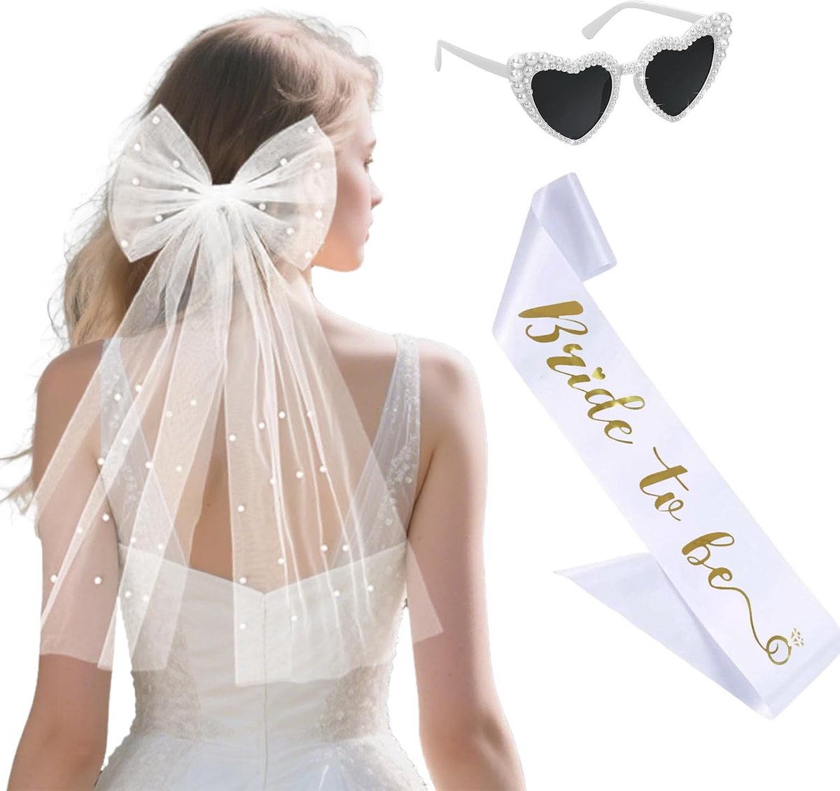 Accessoires voor dames, bruidssluier, bruidssluier, bruid om Sash, Evjf-kostuum, voor bruiloften, verlovingen, vrijgezellenfeesten, Wit, L