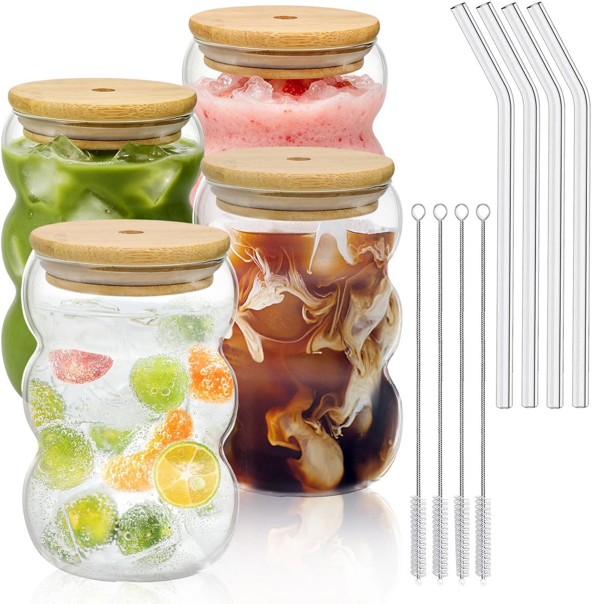 Omgoods - Set van 4 Matcha Latte Glazen met Deksel en Rietjes - Ideaal voor Iced Coffee en Cocktails