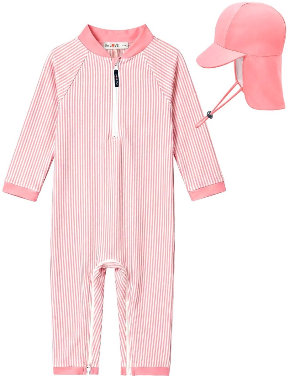 Omgoods - Baby Zwempak 50+ Rash Guard met Lange Mouwen - Roze/Wit Gestreept
