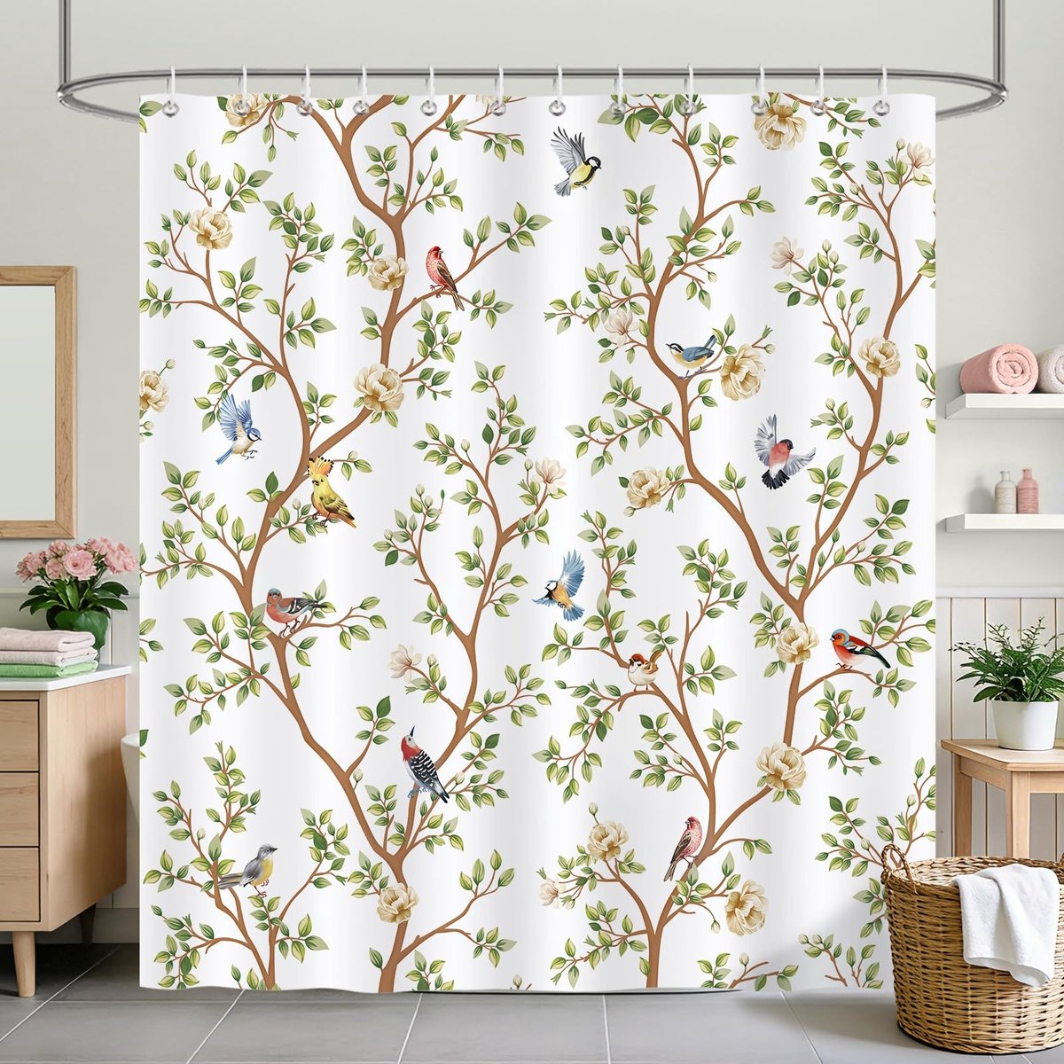 Omgoods - Bloemen en Vogels Douchegordijn 180 x 180 cm Waterafstotend