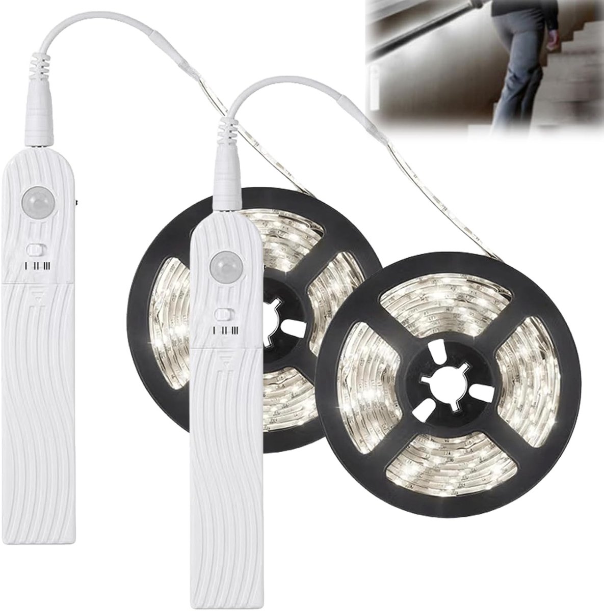 Ledstrip met bewegingsmelder, 2 m, werkt op batterijen, 6500 K, kledingkast, lichtbalk voor slaapkamer, USB-oplaadbaar, led-sensorlicht (wit licht)