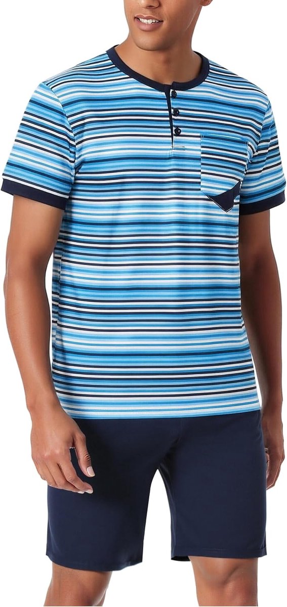 Pyjama voor heren, zomer, katoen, pyjamaset voor heren, kort, gestreept, korte mouwen, met zakken, 2-delig