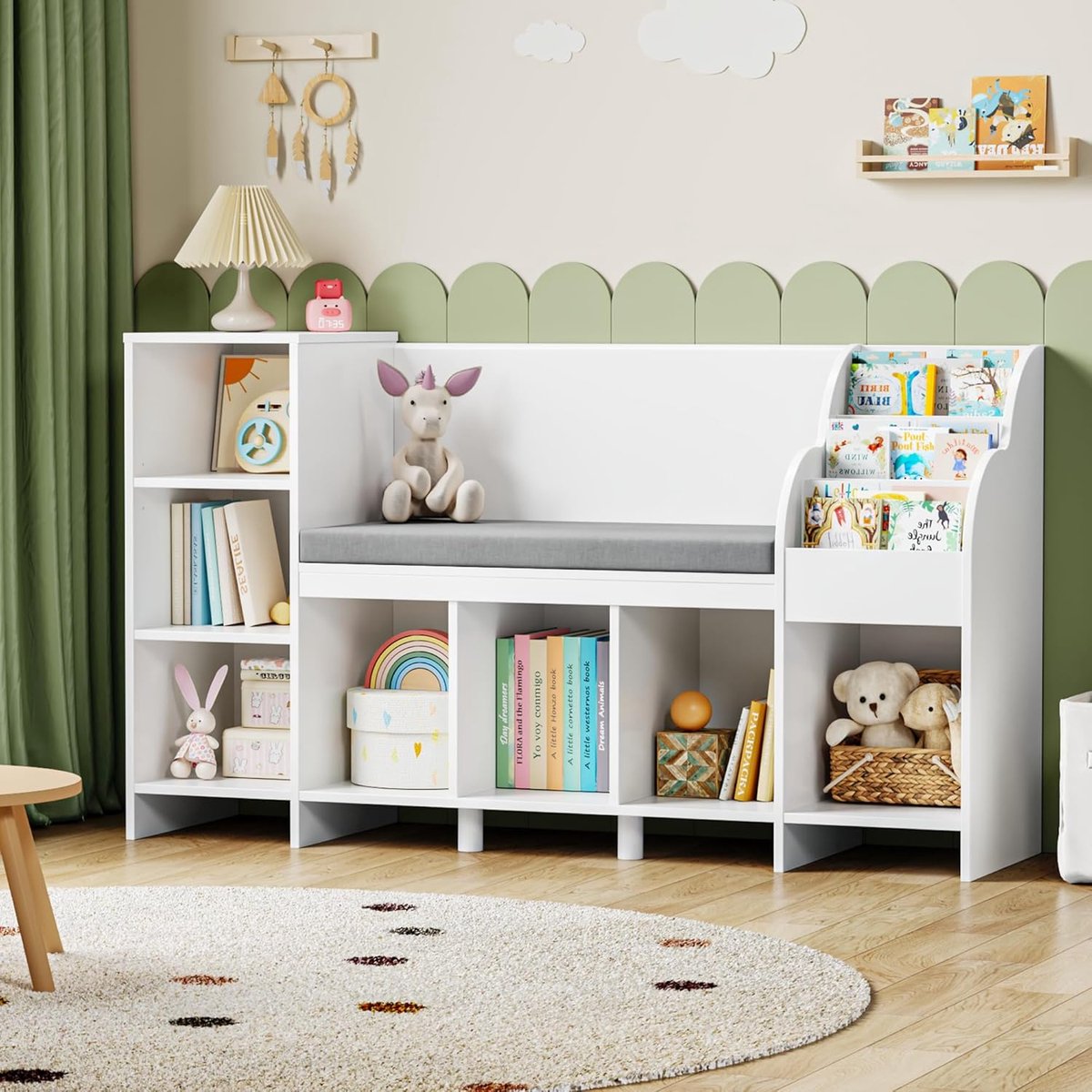 Kinderboekenkast van 138,5 cm met hoekleesbank, boekenplank met 7 opbergdozen voor studeren, spelen, woonkamer, wolkenwit, 80 x 40 x 138,5 cm