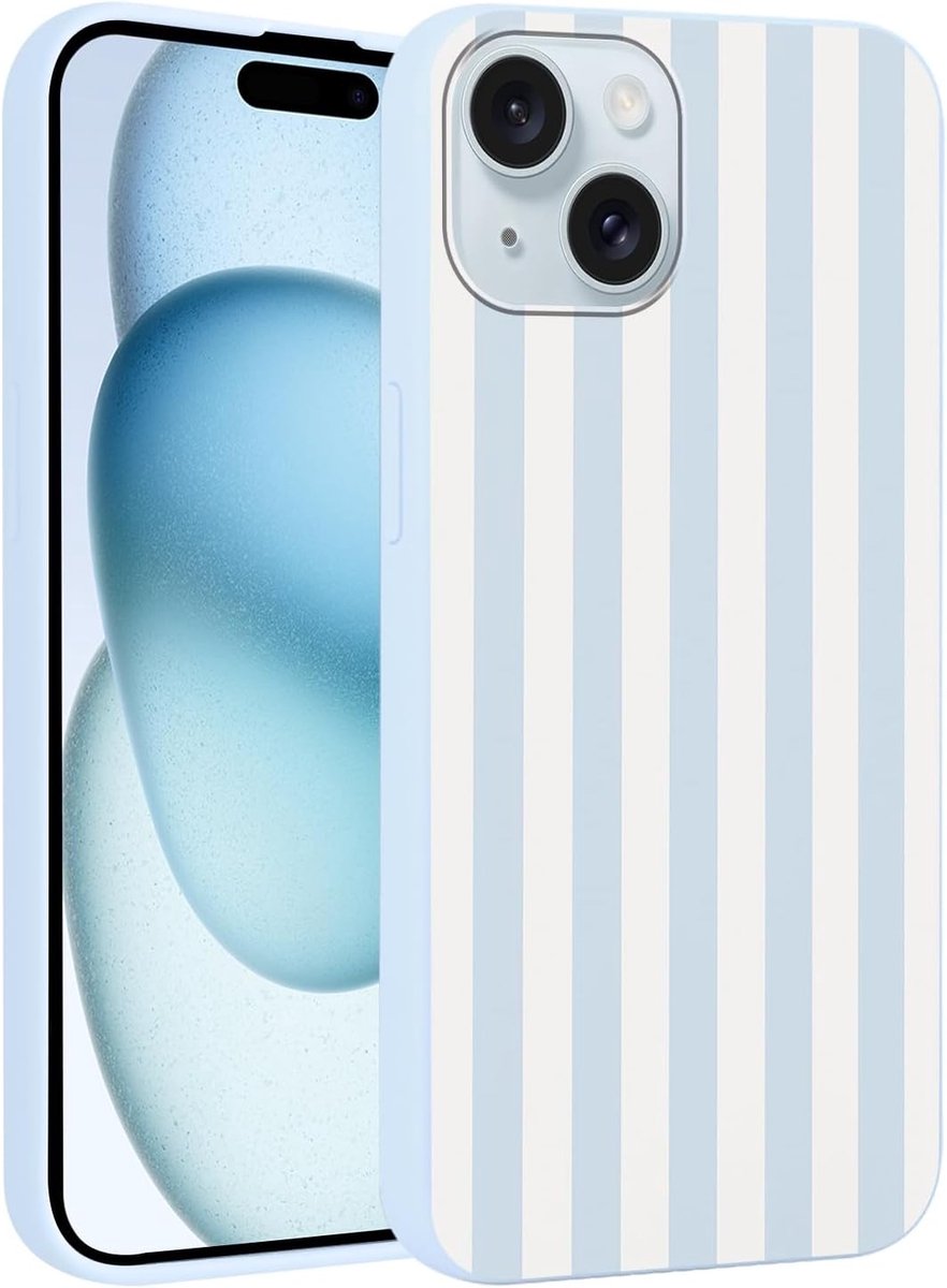 Gestreept Zomertelefoonhoes voor iPhone 15, 6,1 inch (15,5 cm), esthetisch, zomer, blauw en wit, gestreept gestreept gestreept motief, design voor meisjes, beschermhoes, kleurrijk, blauw