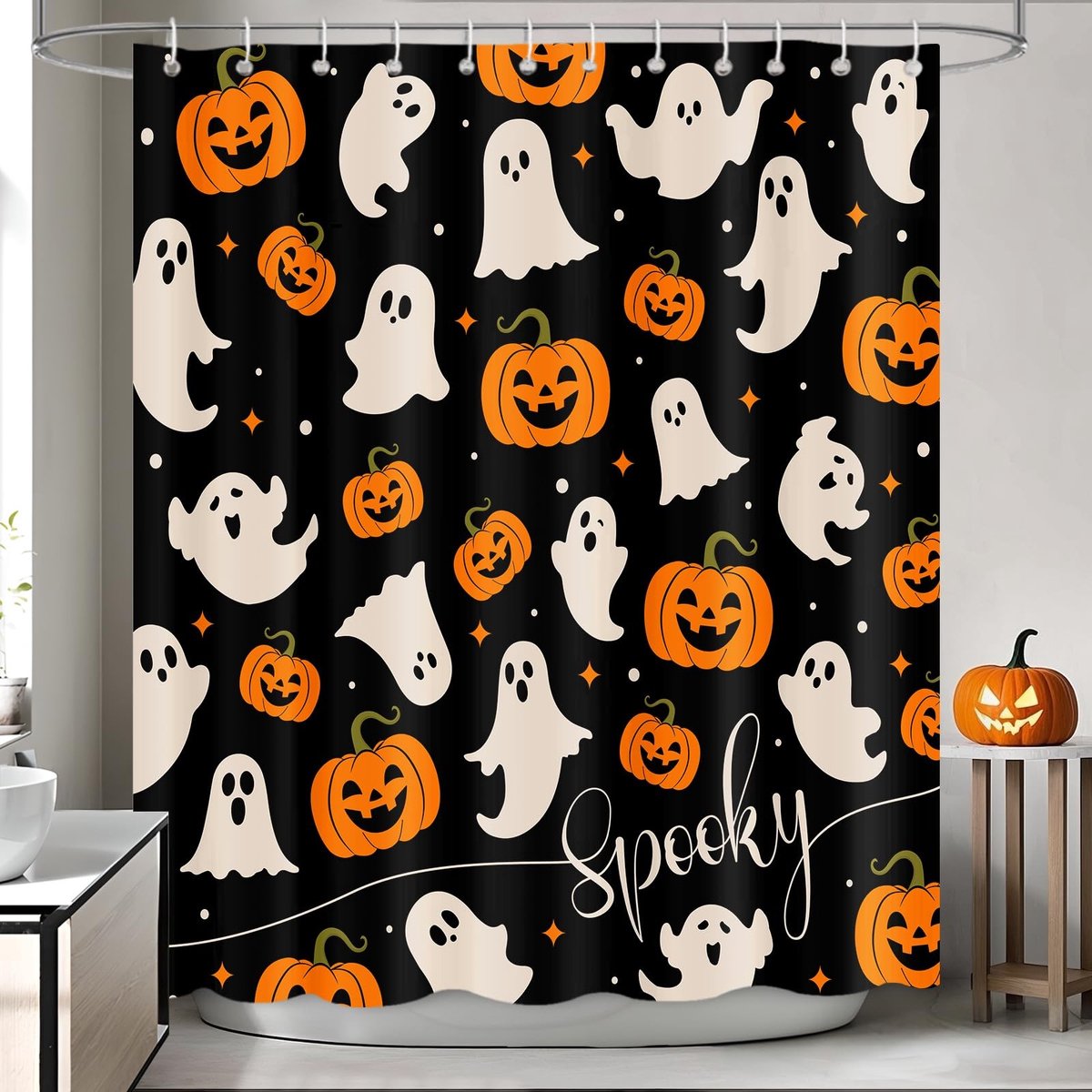 Omgoods - Halloween Douchegordijn met Geesten en Pompoenen 180 x 180 cm