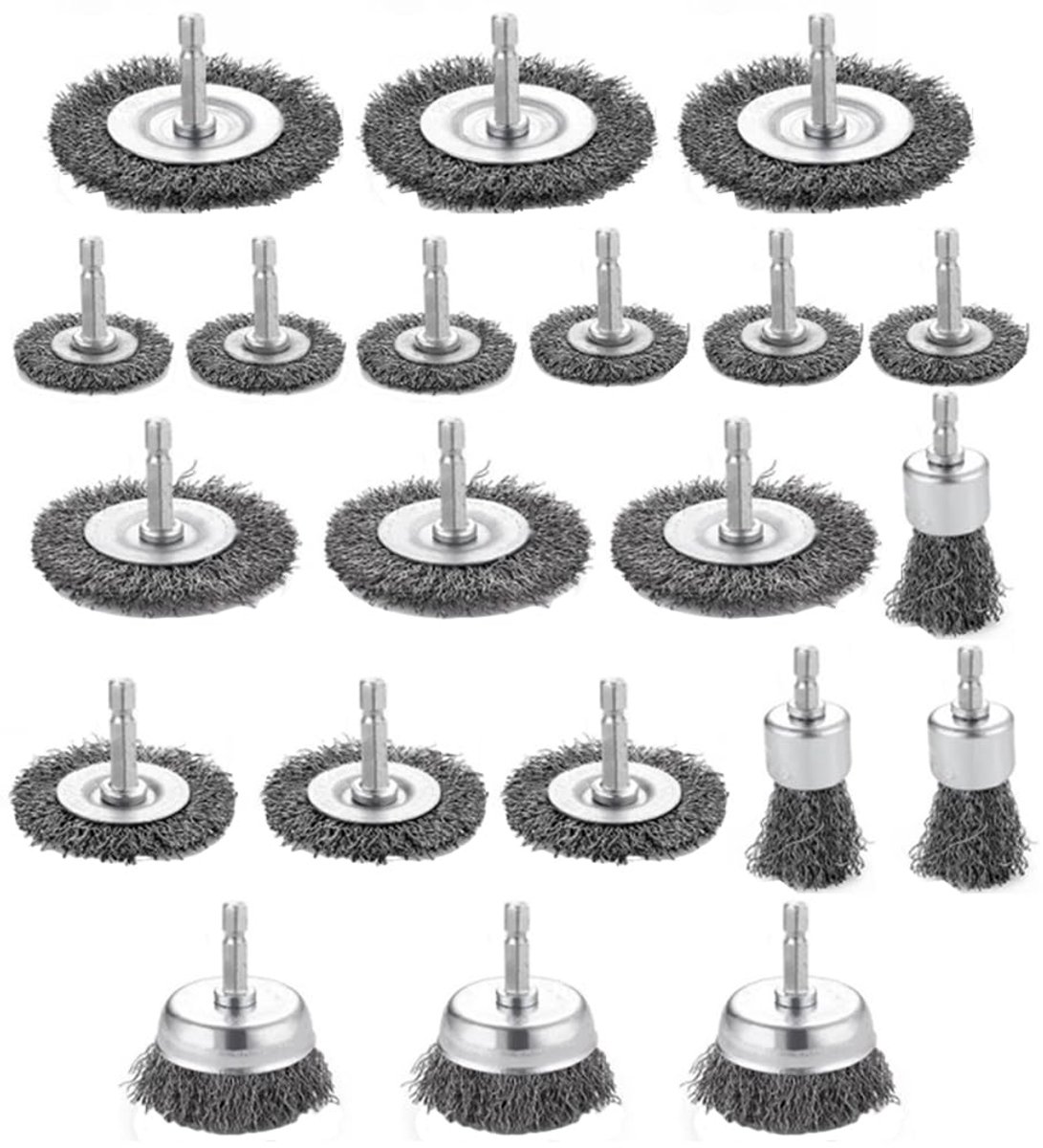 21 stuks draadborstel boormachine hoekslijpmachine set, draadborstels accuschroevendraaier slijpborstel, draadborstelaufsatz boormachine, met zeskantstaaf, voor boormachine, corrosie, ontgraten