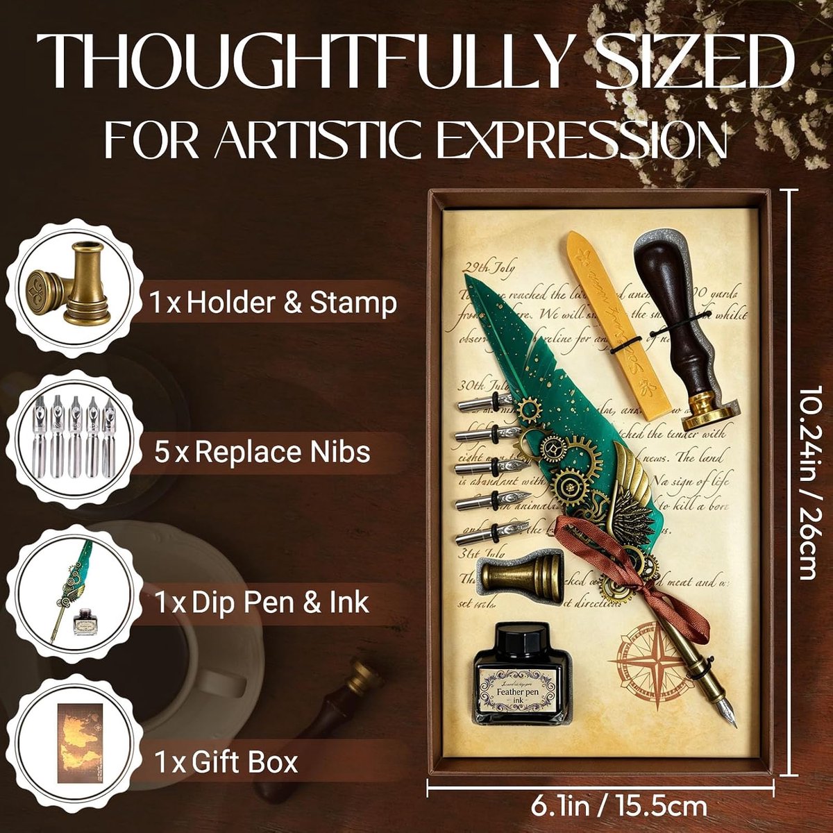 Blue Quill Pen en Inktset, inclusief Punk Mechanische Stijl Veerpen, Zwarte Inkt, Penhouder, Geschenkdoos, Fancy Schrijven Pen Kalligrafie Kit voor Schrijven Liefhebbers naar Creatieve Hand